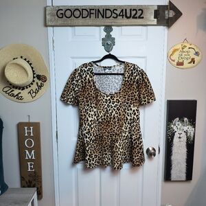 Vintage George A LTD Stretchy Flare Peplum Scoopneck LEOPARD PRINT Top 2X
